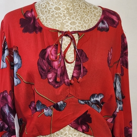 Band of The Free Crop Top Floral Scallop Tie Front Long Sleeve Smocked Size L - Picture 2 of 12